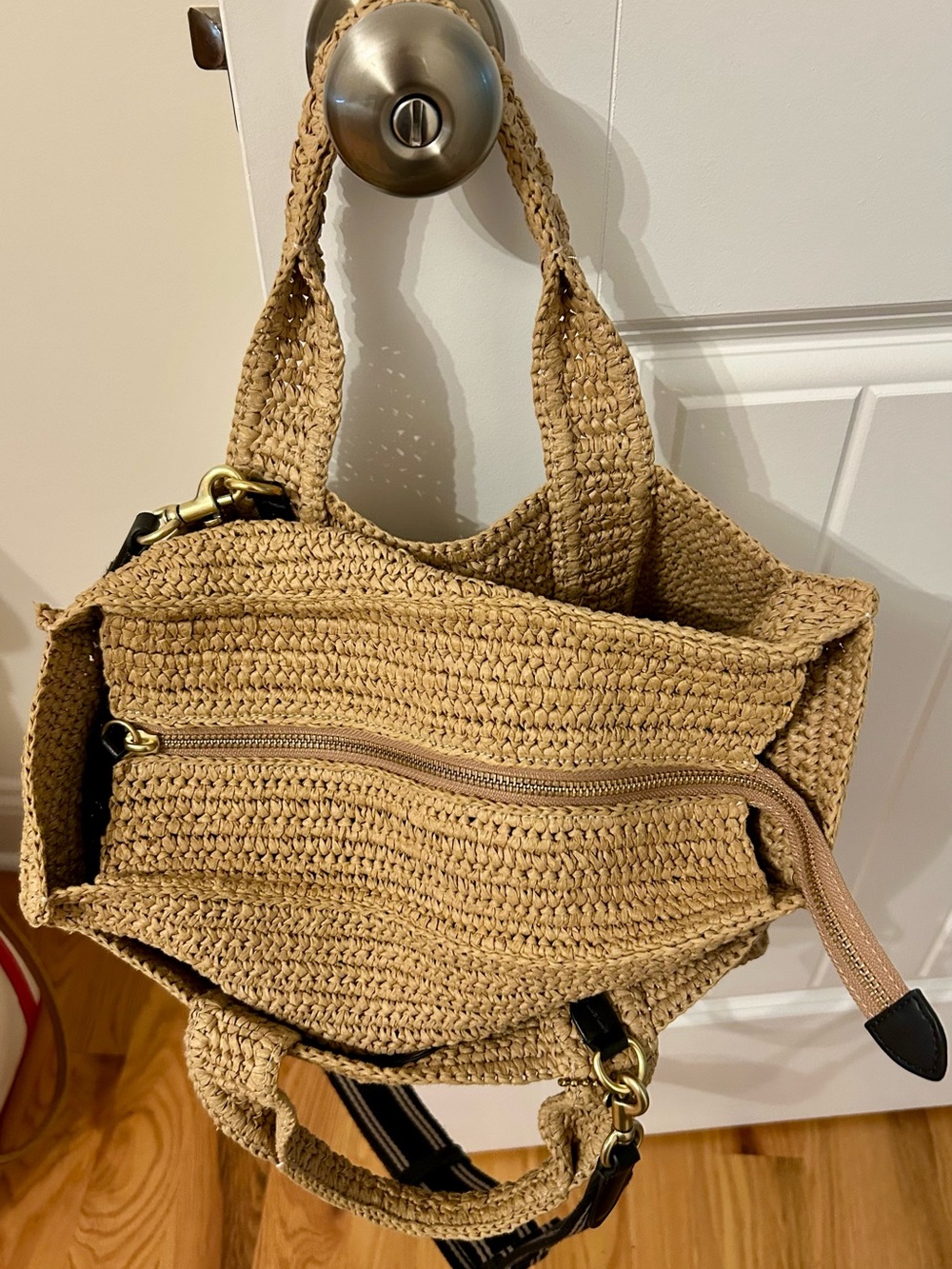 Coach Tan Woven Straw Tote with Brown Leather Patch - Picture 9 of 10